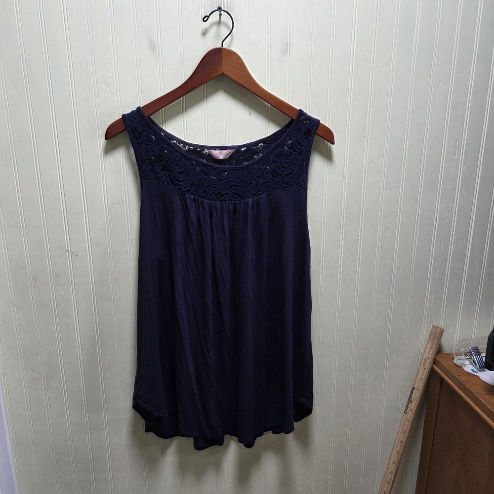 SJS Blouse Womens Plus 2X Blue Boat Neck Sleeveless Lace Jersey Knit Tunic Top